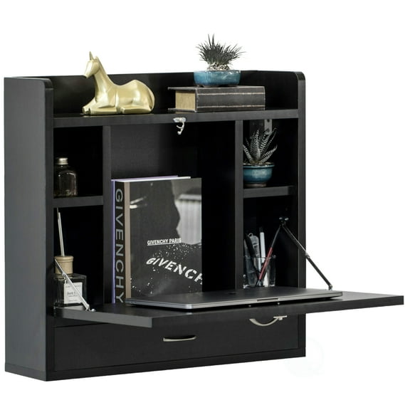 Wall Mount Folding Laptop Writing Computer or Makeup Desk with Storage Shelves and Drawer