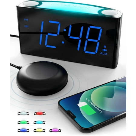 ROCAM Extra Loud Alarm Clock with Bed Shaker, Vibrating Alarm Clock for Heavy Sleepers Deaf Hearing Impaired, 7 Large Display, Dual USB Charger, 7 Color Night Light, Dimmer, Snooze & Battery Backup