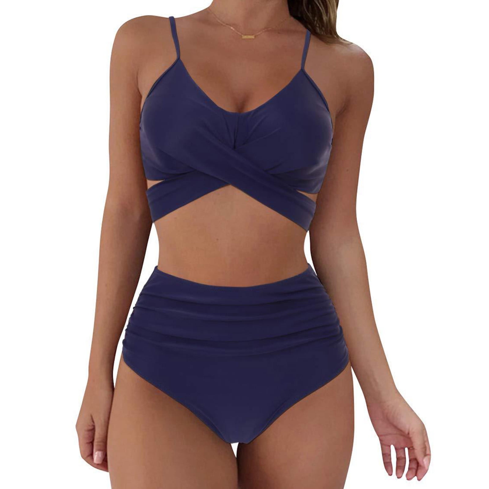 Zanvin Women s High Waist Bikini Swimsuit Solid Color Tie Two Piece Bathing Suit For Women Ladies Teen Girls Summer navy Other