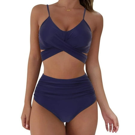 New Release  Women Two-Piece Vintage Swimsuit  Wrap Cutout Bikini Set  Push-Up High Waist Bikini with Bottom  Trendy Swimwear for Women  Sexy Beachwear | Sopatenor  Navy XL