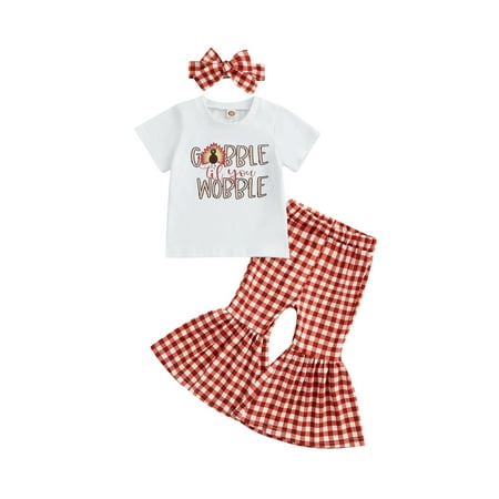 

Bagilaanoe 3Pcs Toddler Baby Girl Thanksgiving Outfits Turkey Letter Print Short Sleeve T-Shirts Tops + Flared Trousers + Headwear 6M 12M 18M 24M 3T 4T Infant Fall Long Pants Set