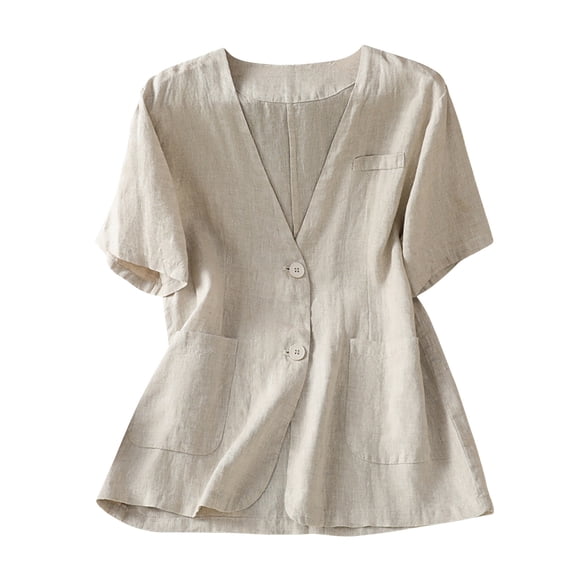 Levmjia Women's V Neck Short Sleeve Blazer Cardigan Solid Color Casual Single Breasted Pocket Summer Loose Fit Open Front Top
