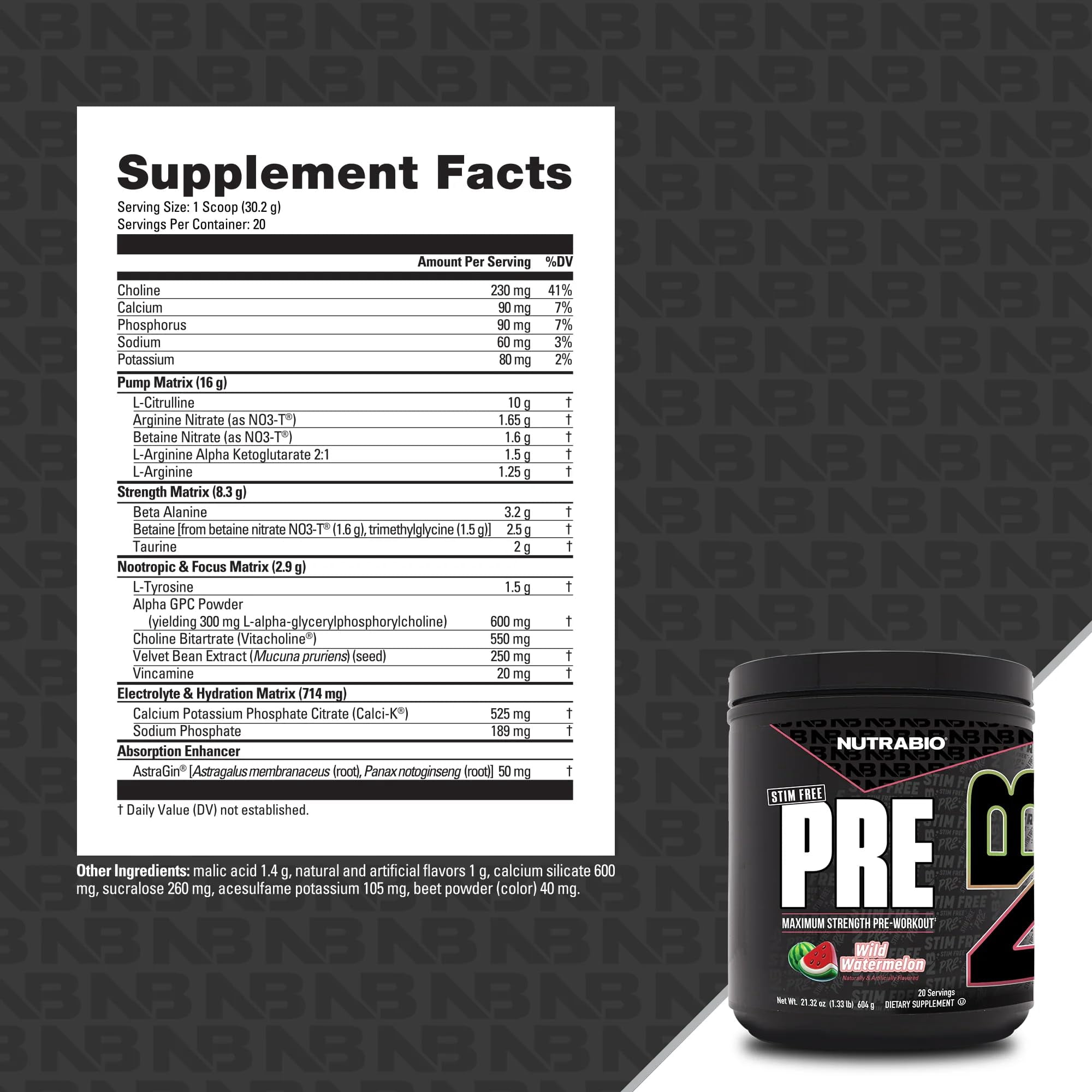 NutraBio STIM-Free PRE Workout for Men, New Formula | Laser Focus, Extreme Pumps | Performance, Endurance | 10g Citrulline, Beta Alanine, Nitrates, Nootropics, Electrolytes - 20 Servings Watermelon