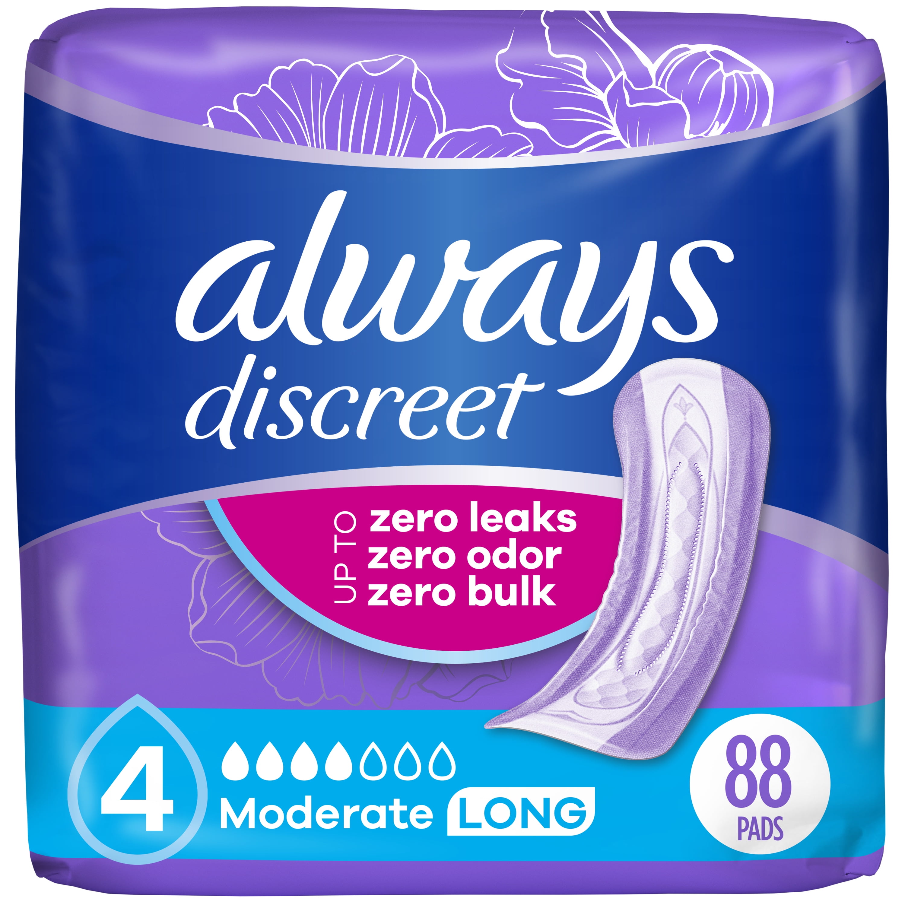Always Discreet Adult Incontinence Pads for Women, Moderate Absorbency, Long Length, Postpartum Pads, 88 CT
