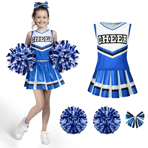 Joyfy Cheerleader Costume for Girls, Halloween Cute Cheer Uniform Outfit with Accessories for Kids Halloween High School Cheerleader Dress Up Costumes
