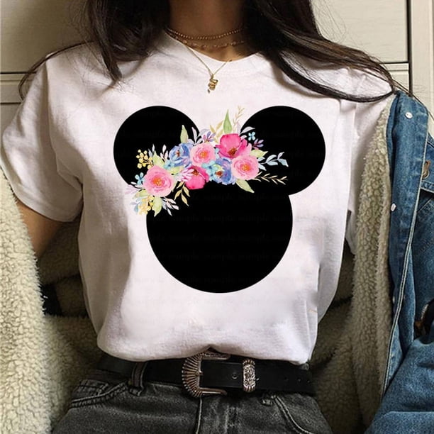 Disney Gold Micky Head Women's Casual 100% Cotton T-shirt Mickey Mouse High-Quality Print Fashion Top Cartoon Free ShippingL Gao Jinjia LED