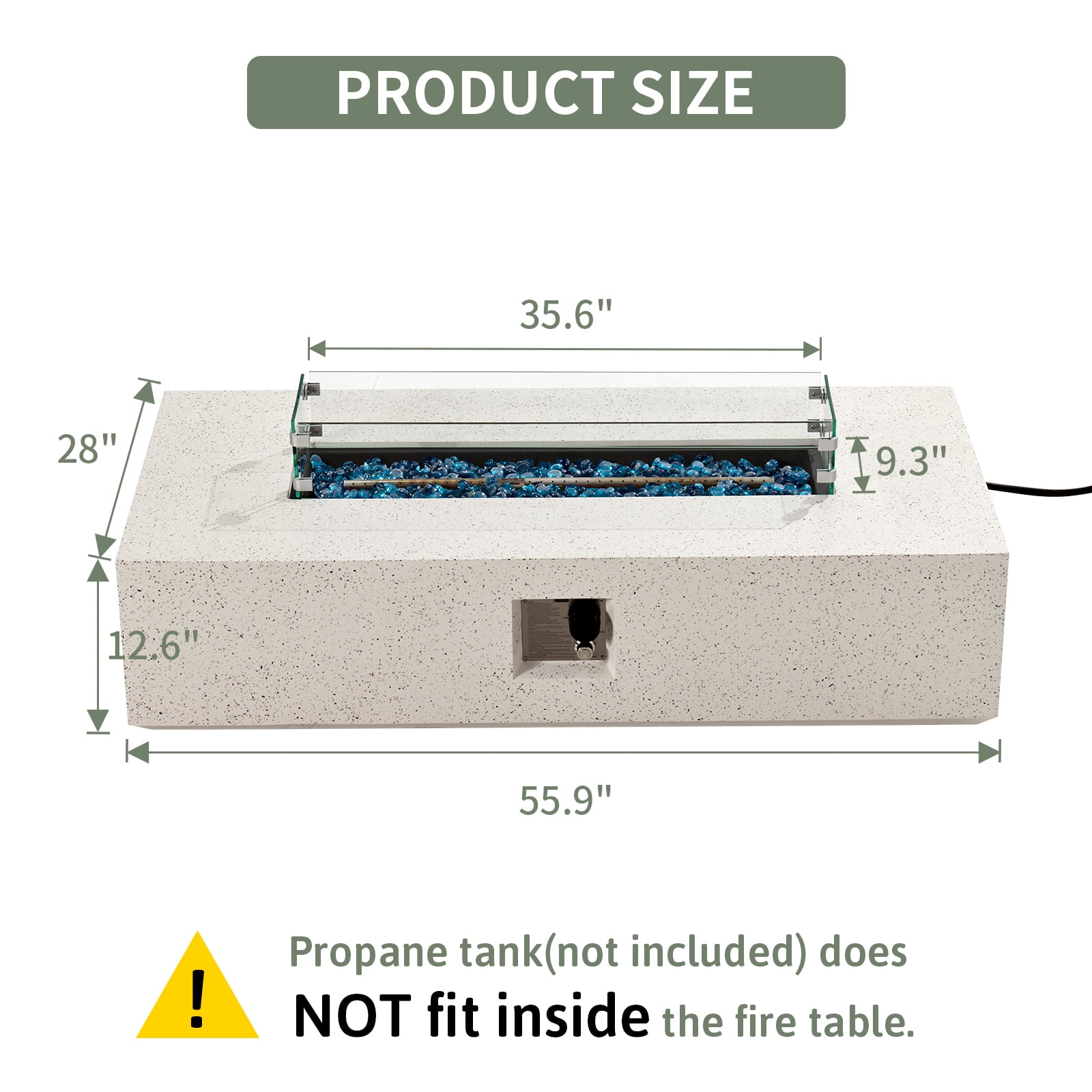 VENTOPYR Outdoor Propane Fire Pit Table, 56-inch x 28-inch Rectangle Terrazzo White Concrete-Like Finish, 50,000 BTU Stainless Steel Burner w Blue Fire Glass, Wind Guard, Raincover
