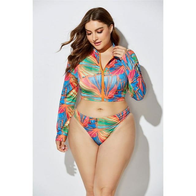Womens Long Sleeve Zipper Front high Waist Thong Bikini Set 3 Piece Swimsuit
