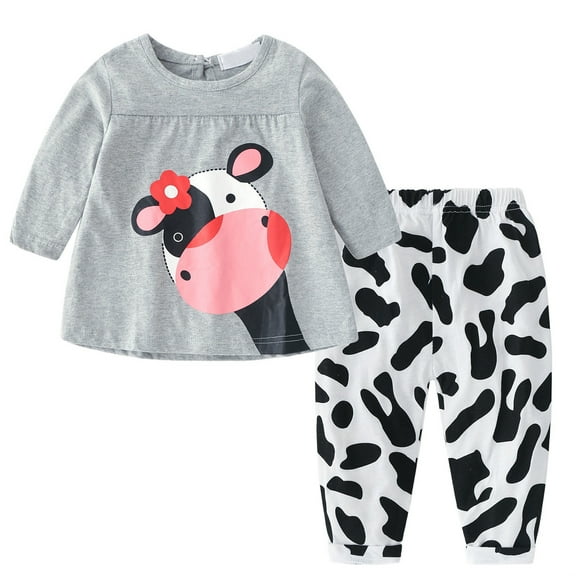 WOYY Little Girl Cartoon Cow Print Pajama Set Long Sleeve Top and Pants Sleepwear Outfits