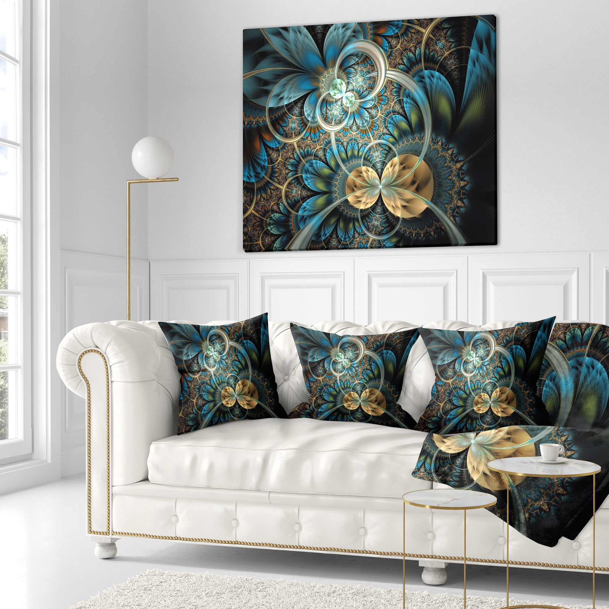Designart Symmetrical Blue Gold Fractal Flower - Abstract Throw Pillow - 16x16