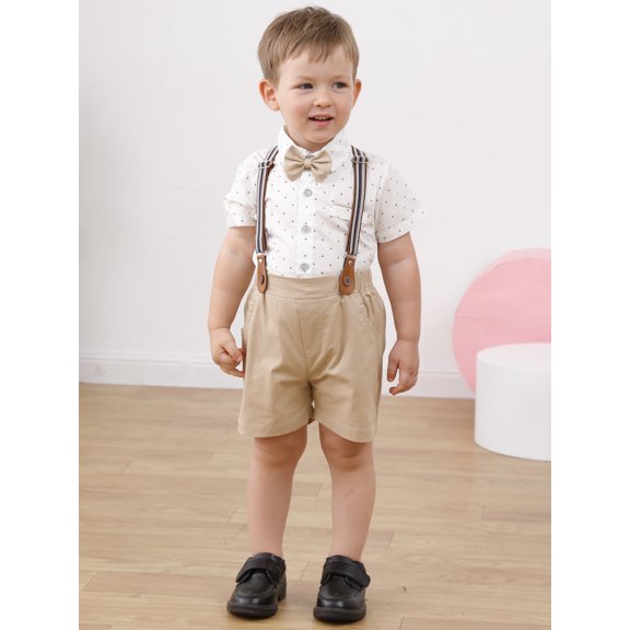 WESIDOM Boy Clothes Suits Toddler Summer Formal Plaid Shirt Tie Shorts Outfits Cotton Fabric 3Pcs