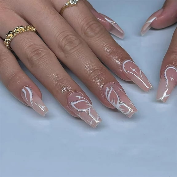 24 Pcs Nude Press on Nails Long Coffin Fake Nails Silver Glitter False Nails with Butterfly Designs Spring Glossy Stick on Nails Acrylic Full Cover Nail Tips for Women and Girls Grey 0.04 Fl Oz (Pack