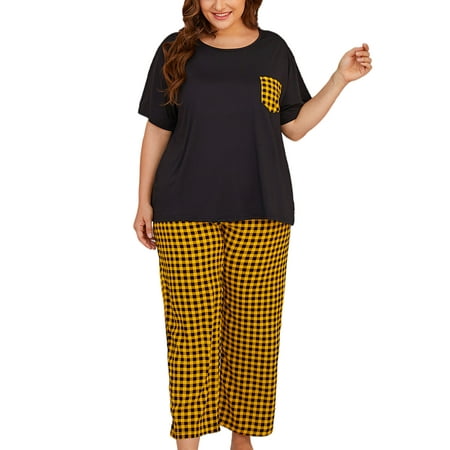 

UKAP Plus Size Sleepwear for Women Comfy Pajamas Pjs Lounge Set Lady Sleep Shirts + Pants Plaid Loungewear Homewear