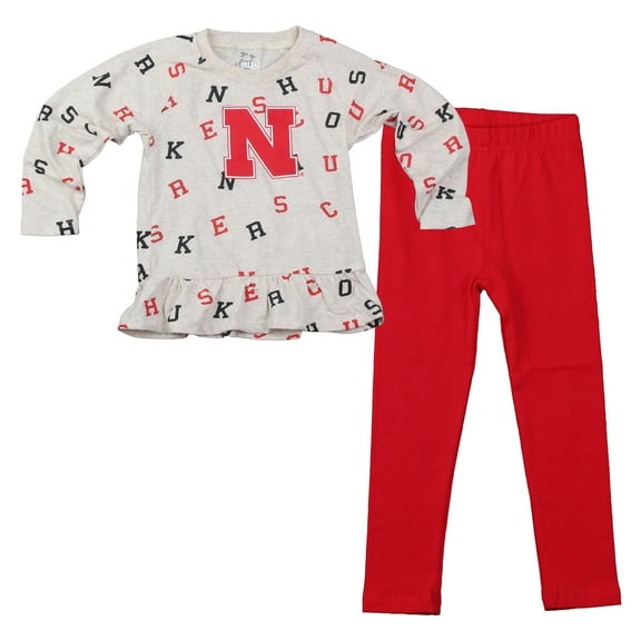 Girls Toddler Wes & Willy Oatmeal Nebraska Huskers Ruffle Raglan Long Sleeve T-Shirt & Leggings Set