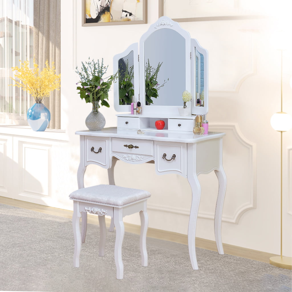 Vanity Beauty Station Makeup Table And Wooden Stool 3 Mirrors And 5 Drawers Set 
