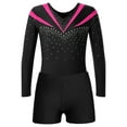 thumbnail image 3 of JanJean Kid Girls 2Pcs Shiny Dance Outfits Long Sleeve V-neck Gymnastics Leotard and Booty Shorts Set Hot Pink 10, 3 of 7