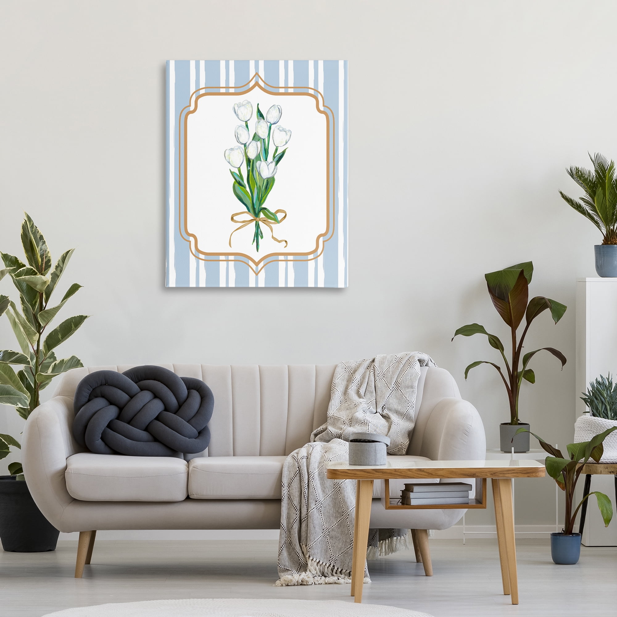 White Tulip Bouquet & Stripes Canvas Wall Art, design by Adonna Ebrahimi