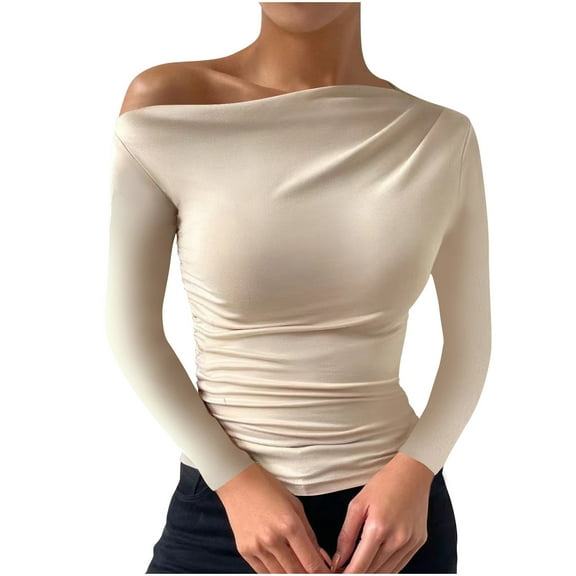 Drses Women Sexy Off Shoulder Top Slim Fit Long Sleeve Going Out Asymmetrical Crop Top Tight Ruched T Shirts