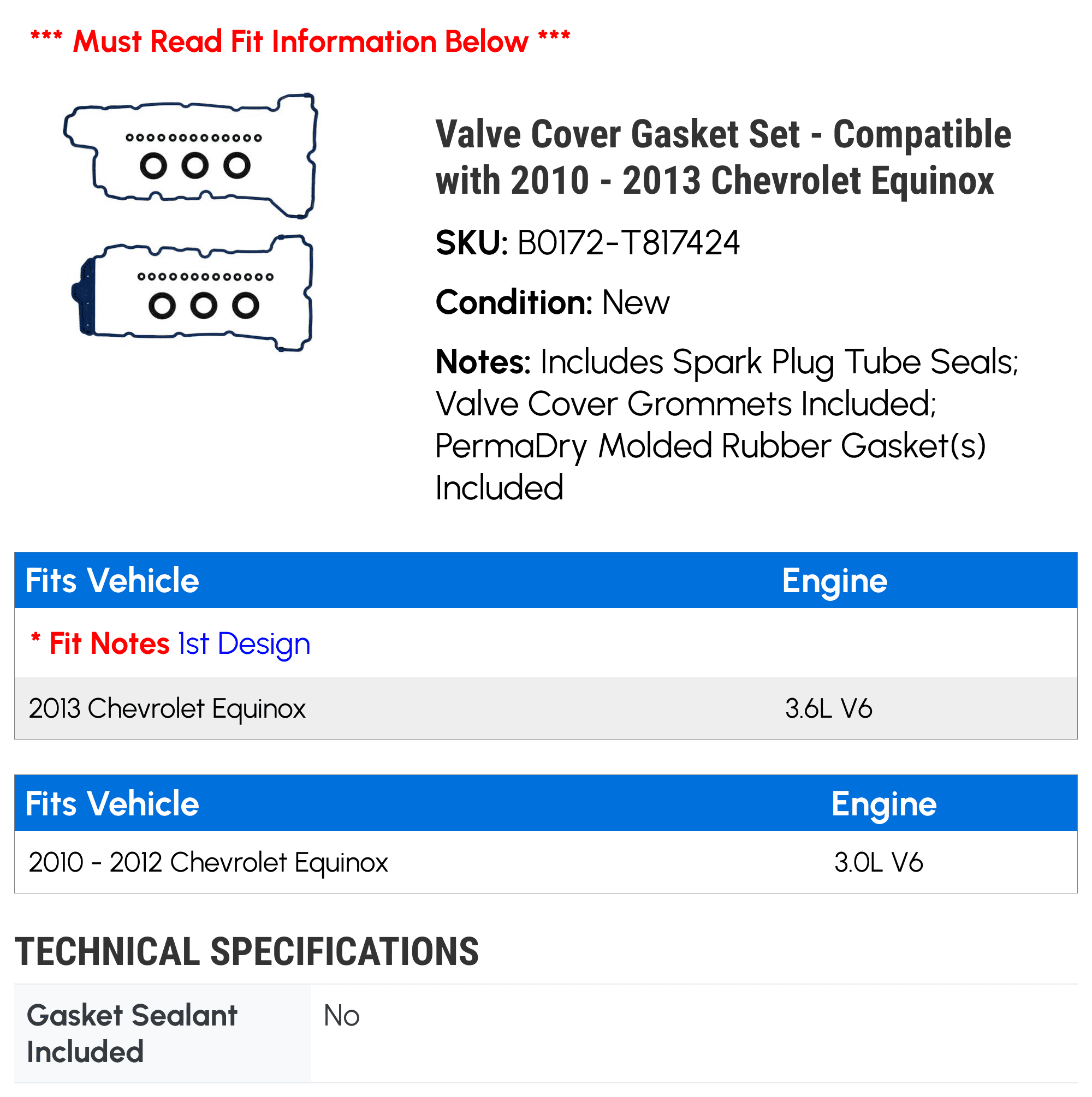 Valve Cover Gasket Set - Compatible with 2010 - 2013 Chevy Equinox 2011 2012