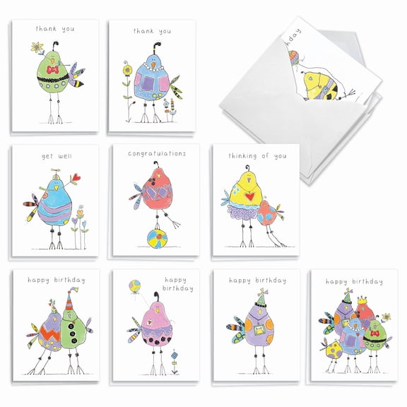 The Best Card Company 20 Assorted Blank Birds Everyday Mixed Occasions Notes Bulk Pack Set 4x5.12 w/ Envelopes, 10x2 Designs, For Men, Women, Wordy Birdies AM3176XXB-B2x10