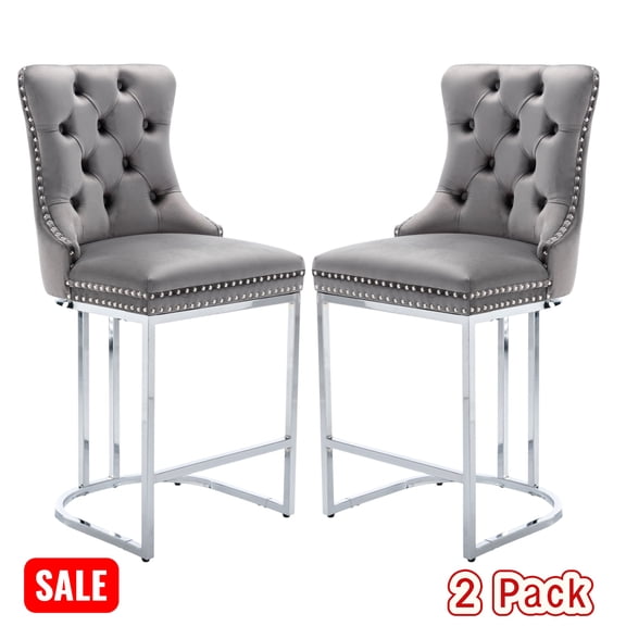 Tcbosik Velvet Bar Stools Set of 2, Upholstered Counter Height Barstool with Button Tufted Back & Chromed Metal Legs for Kitchen Island, Dining Room, Gray