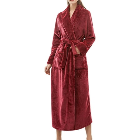 

Lumento Women Kimono Bathrobes Long Sleeve Pajamas Robes Fleece Wrap Robe Pockets Selt-Tied Nightgown