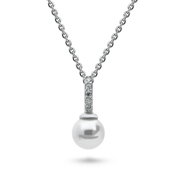 BERRICLE Sterling Silver Solitaire Round Imitation Pearl Anniversary Pendant Necklace for Women, Rhodium Plated 18 inch
