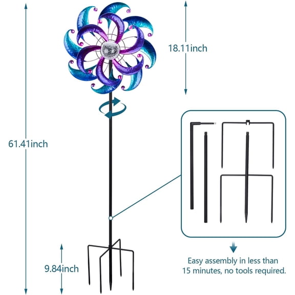 Wind Spinners for Yard and Garden-Solar Wind Spinners - 61 Inch Blue Wind Sculptures & Spinners with LED Changing Light Glass Ball for Garden  Outdoor Decor