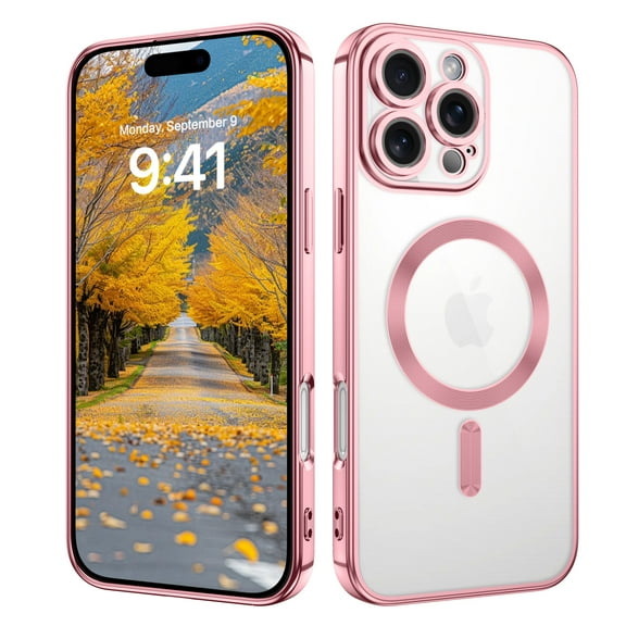 GUAGUA Case for iPhone 16 Pro, 6.3" Electroplating Transparent with Magnetic, Drop Protection, Scratch-Resistant Back Soft Pink