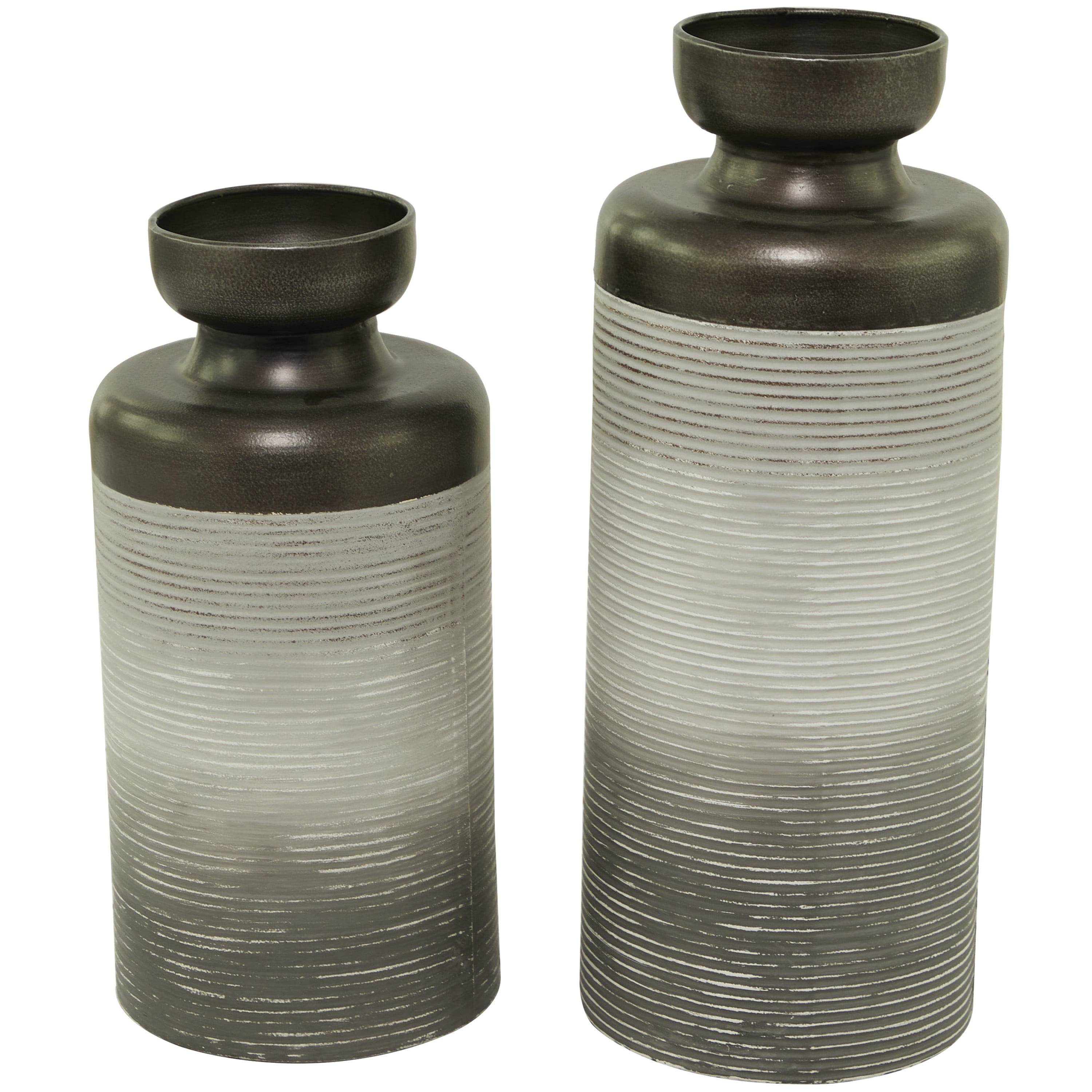 DecMode 16", 13"H Bronze Metal Vase with Embossed Ribbing, Set of 2