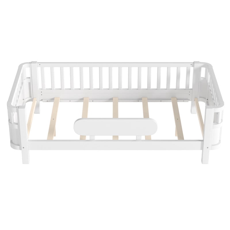 Bellemave Twin Size Bed with Removable Rails, Solid Wood Montessori Bed with Headboard and Footboard, Rounded Corners Twin Platform Bed with Fence, No Box Spring Needed, White