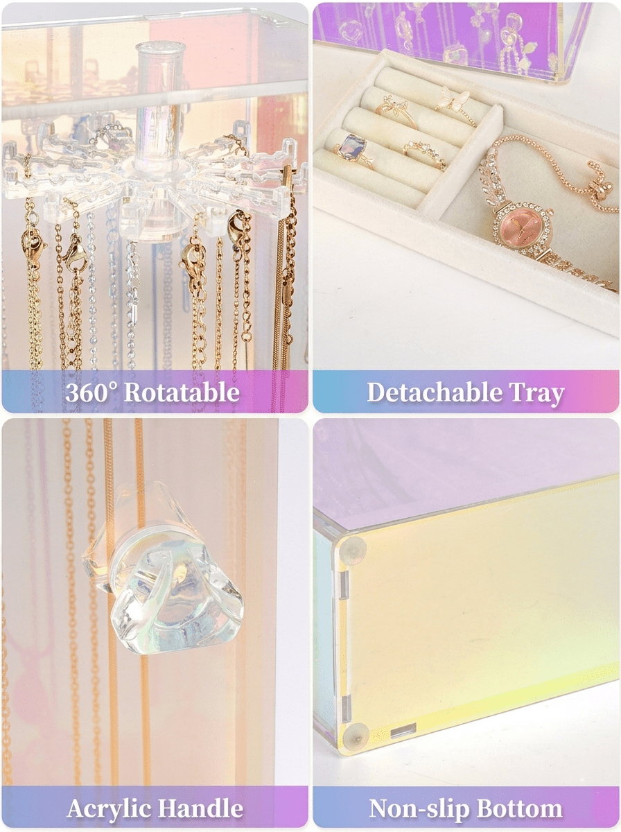 Cirhy Iridescent Acrylic Necklace Holder with Velvet Tray, 24 Rotatable Hooks Jewelry Organizer Box, Dustproof Rainbow Necklace Storage for Necklaces, Earrings, Rings, Bracelets