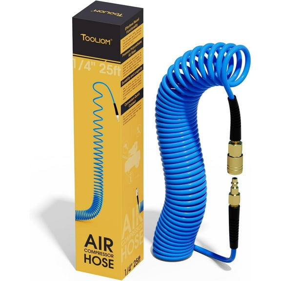 TOOLIOM Polyurethane Recoil Air Hose?1/4 in x 25 ft Air Compressor Hose with Bend Restrictor,1/4" NPT Coupler & Pure Quick Connect Air Fittings