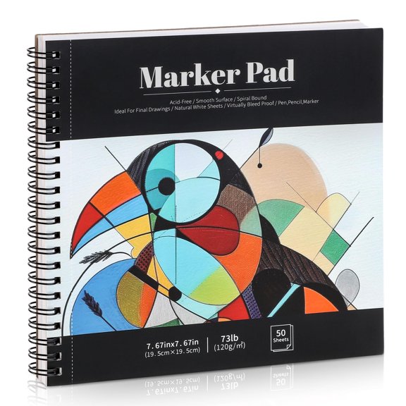 Marker Paper Pad, 50 Sheets 7.6x7.6 Inch Bleedproof Sketch Pad, 73lb/120gsm Spiral Bound Sketchbook, For Markers, Acrylic Paints, Pencils, Crayons, Layering, Blending, Beginners, Artists, Gift