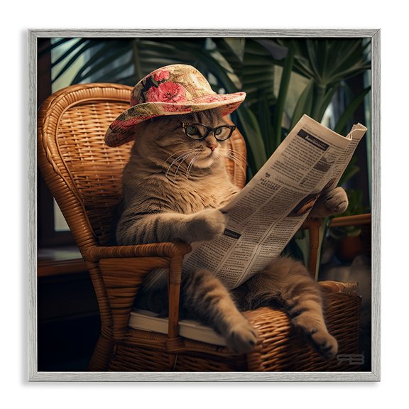 Stupell Industries Funny Cat & Newspaper Animals Painting Gray Framed Art Print Wall Art, 24 x 24