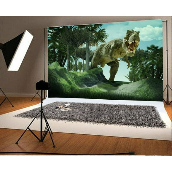 EREHome Polyester Fabric 7x5ft Photography Background 3D Giant Dinosaur Destory Park Scary Mouth Green Trees Hills Dinosaur Backdrop Children Baby Girls Photo Portrait Shoot Video Studio Prop