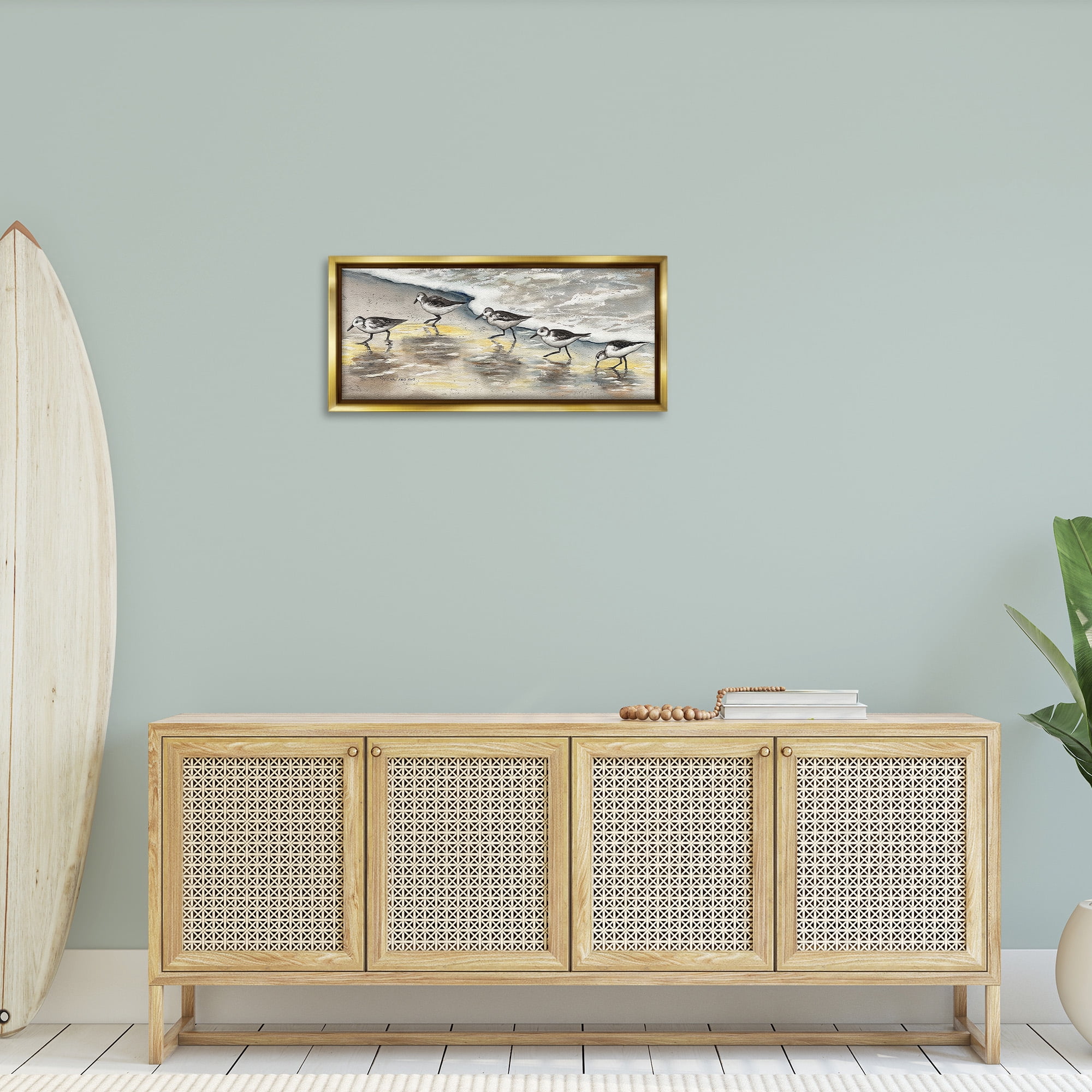 Stupell Industries Sunlit Birds & Beach Foam Animals & Insects Painting Gold Floater Framed Canvas Art Print Wall Art, 31 x 14