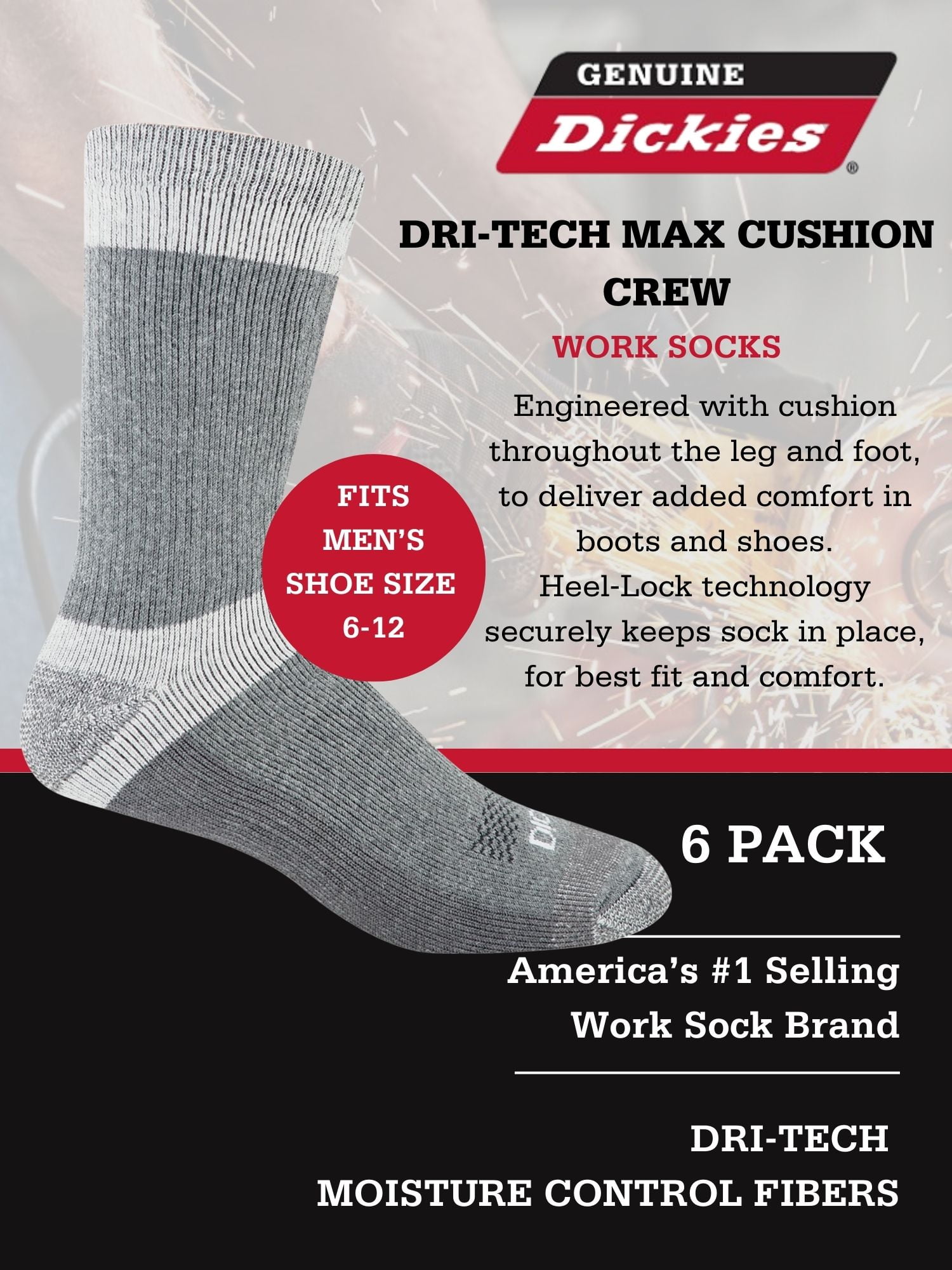 Genuine Dickies Men's Max Cushion Crew Sock, 6 Pack Charcoal Size 6-12