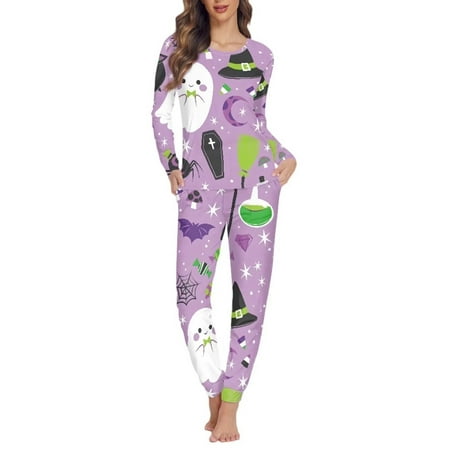 

NETILGEN Cute Halloween Ghosts & Wich Hats Pajamas for Women Set Long Pants Casual Pajama Lingerie Women Nightwear Set 2Pcs Indoor Women Pj Pants Set for Home Life