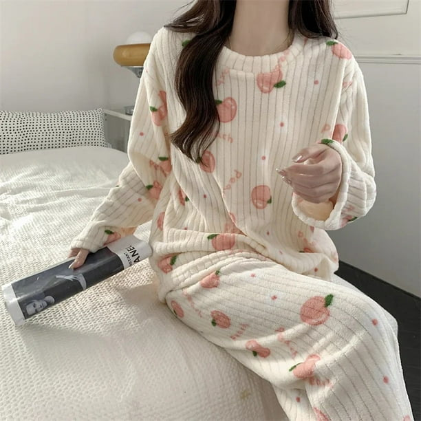 Autumn Winter Warm Flannel Pajamas for Women Cute print Velvet Thicken  Loose Sleepwear Set young girls Coral Velvet Home Clothes