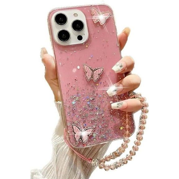 for iPhone 16 Pro Max Bling Case with Lanyard, Cute 3D Butterfly Glitter Soft TPU Woman Girly Sparkle Shiny Slim Thin Phone Cover with Crystal Wrist Strap for iPhone 16 Pro Max 6.9" (Pink)
