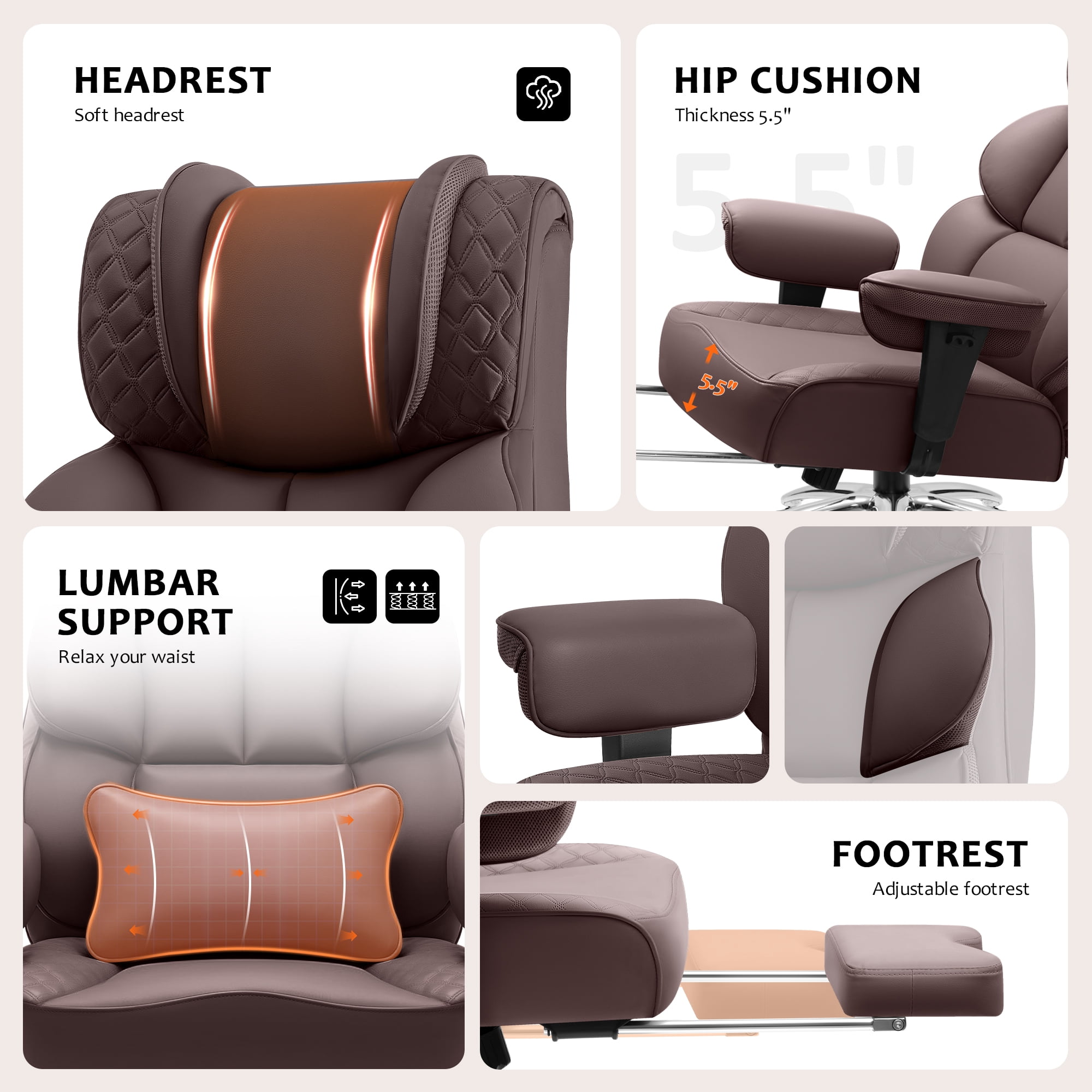 FASTES Office Chair, Big and Tall Desk Chairs 400lbs Gaming Chair with Footrest, Ergonomic Executive High-Back Reclining Computer Chairs, Swivel Rolling Wheels and Lumbar Support, Coffee
