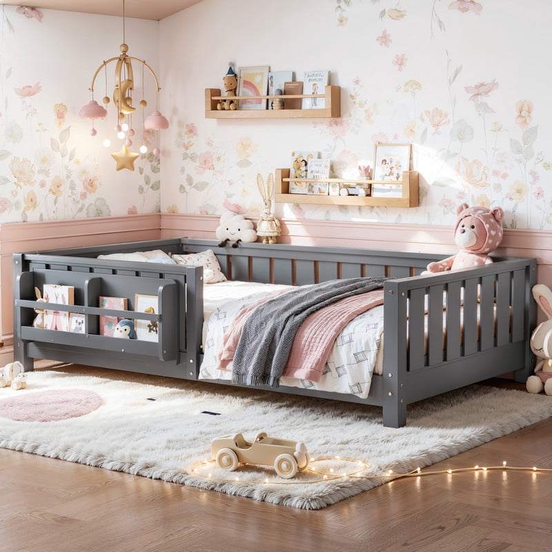 URTR Twin Size Montessori Floor Bed with Storage Bookshelf and High-Quality Safety Guardrail, Wooden Twin Floor Bed Frame, Wooden Platform Bed, Low Profile Twin Bed with Fence and Headboard, Gray