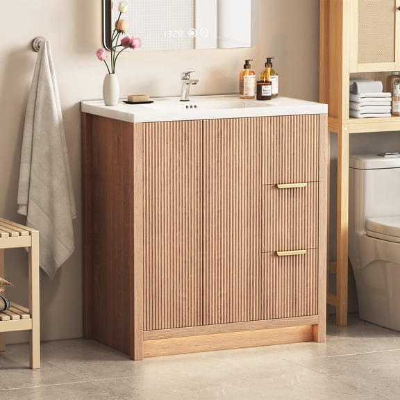 31.5" Bathroom Vanity Cabinet with Ceramic Sink, Freestanding Modern Wood Cabinet Vanity with Storage