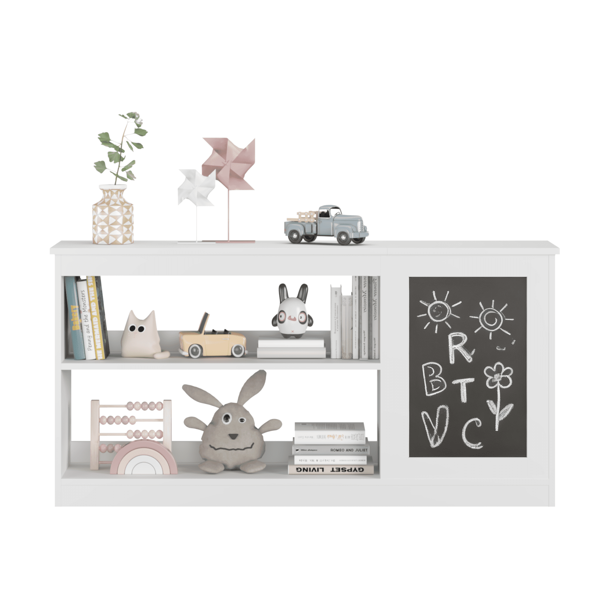 Yoneston 3-in-1 Kids Storage Cabinet with Chalkboard, Kids Bookshelf with 2 Open Shelves & Toy Bin for Bedroom Playroom, White