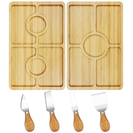 2 Pack Charcuterie boards,Bamboo Cheese Board set with 4 pcs Knives, Cutting Boards for Kitchen,Wood Party Serving Trays and Platters
