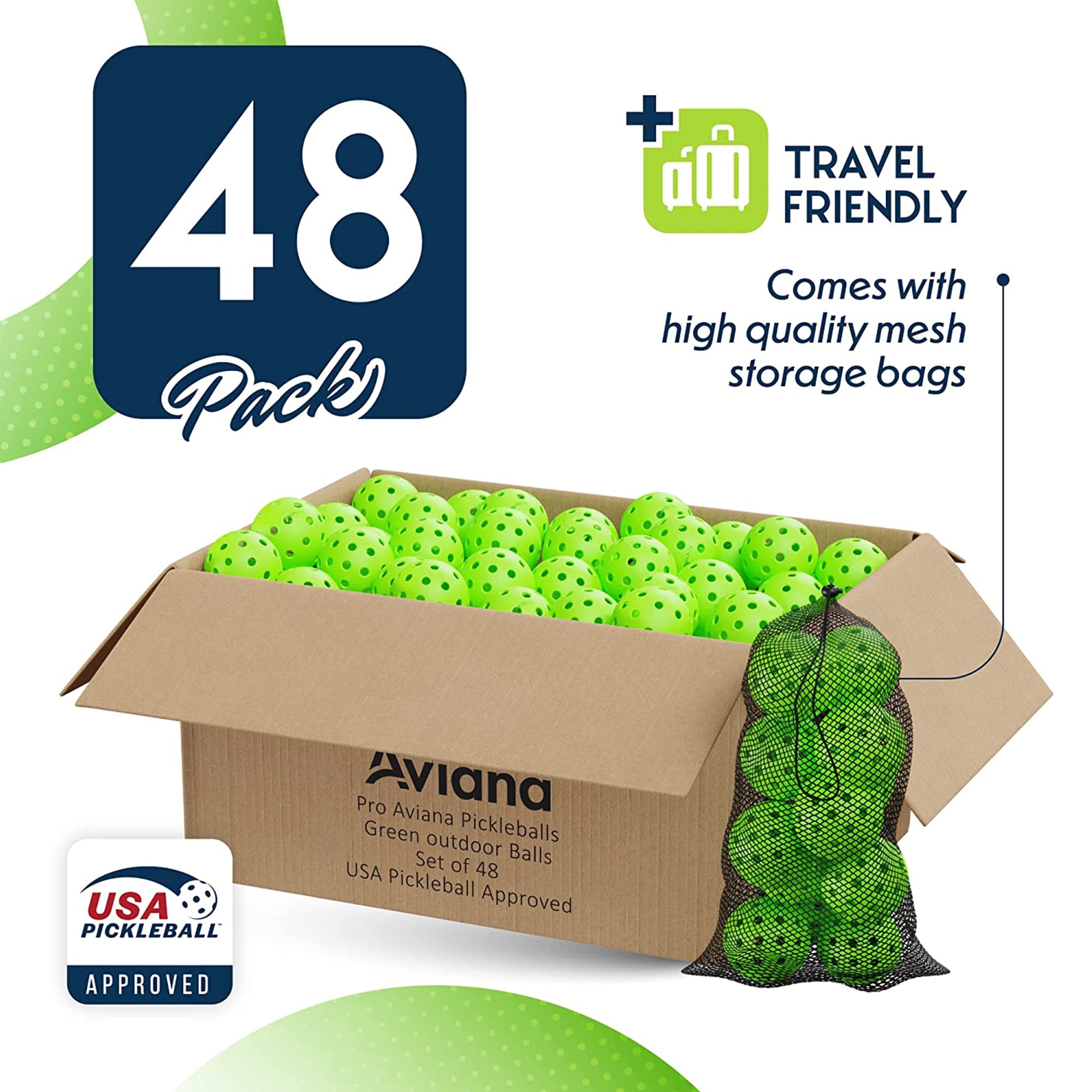 Pro Aviana Tournament Play Outdoor Pickleball Balls USAPA Approved, 48-Pc Set Green
