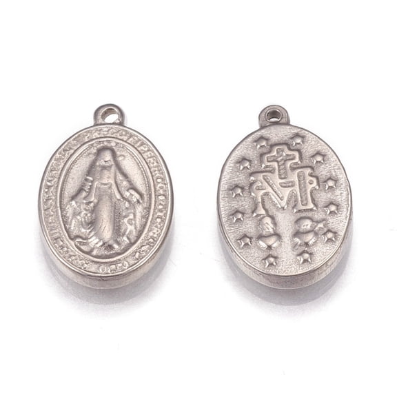 10 pc Non-Tarnish 304 Stainless Steel Pendants Oval with Virgin Mary Miraculous Medal Stainless Steel color 13x9x2mm Hole: 1mm