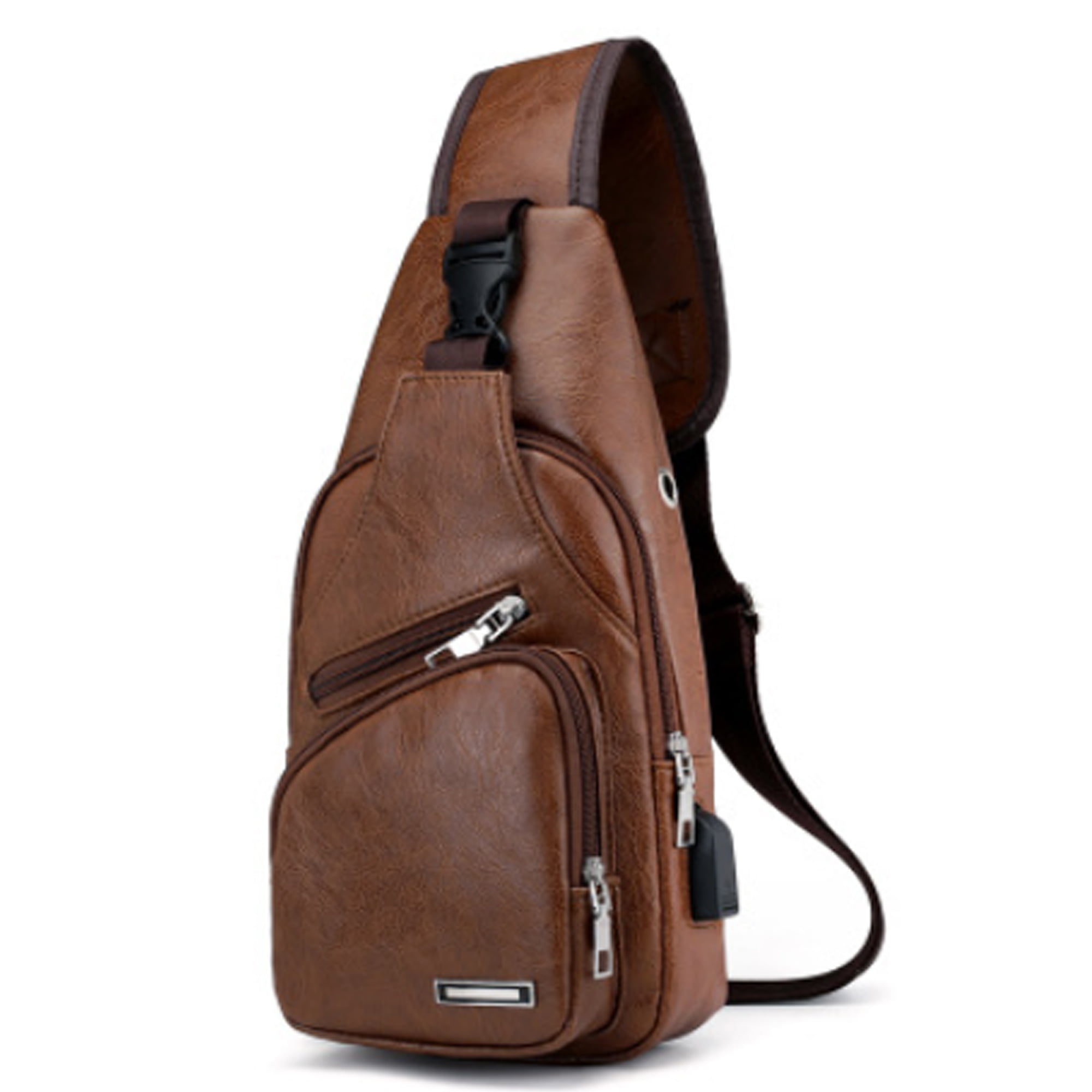 Men Leather Phone Belt Pack with Earphone Port Crossbody Chest Bag Shoulder Bag 
