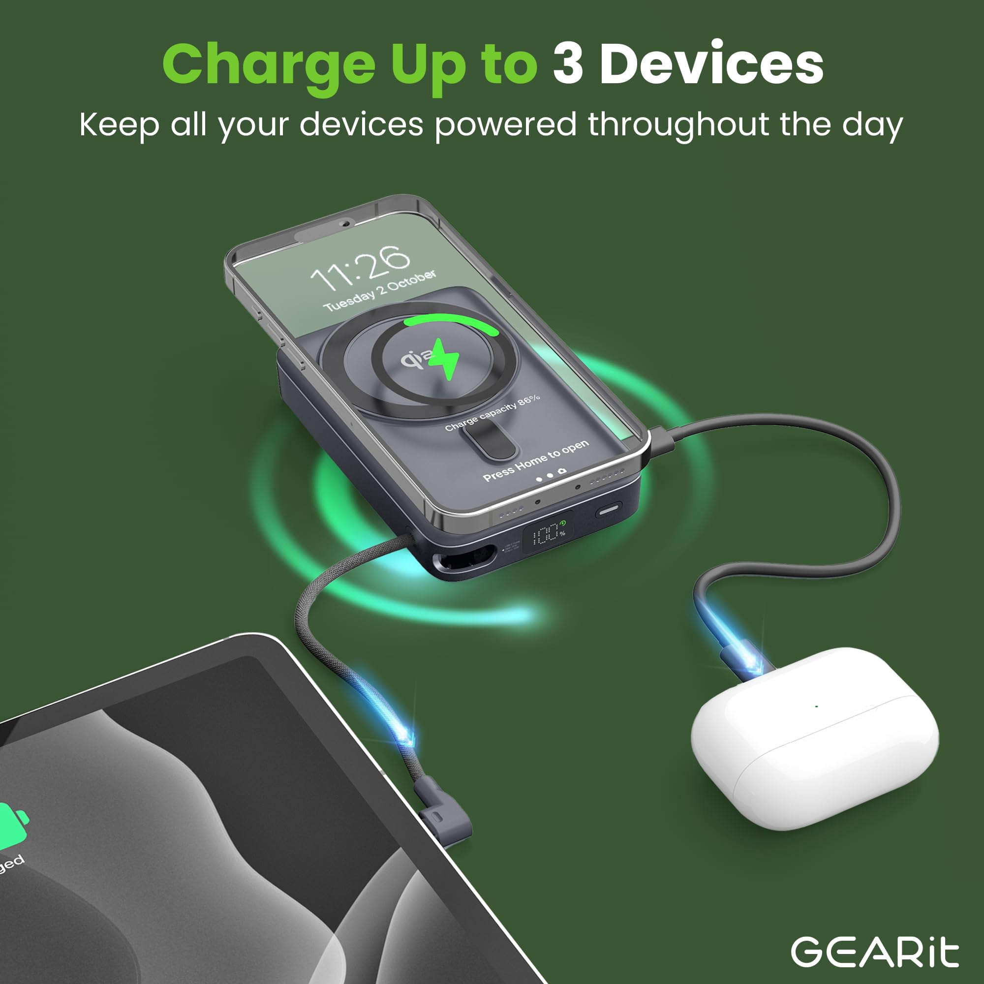 GEARit 10000mAh Qi2 Portable Charger Wireless Power Bank with Built-In USB-C Cable Compact Battery Pack for iPhone & Android